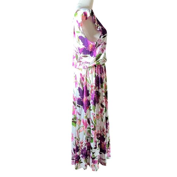 NEW Lascana Flutter Sleeve Flowy Viscose Midi Dress White Purple Pink Floral 8 - Picture 7 of 13